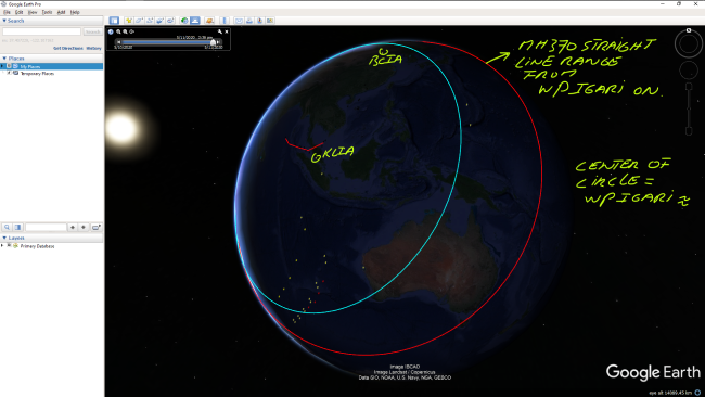 [Google Earth - mh370 straight line range from Igari on - east, picture source: Bobby Jagernath]